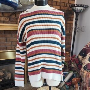 REI large Thermal Shirt Cream Burnt Orange Teal And Mauve Stripes 100% Cotton